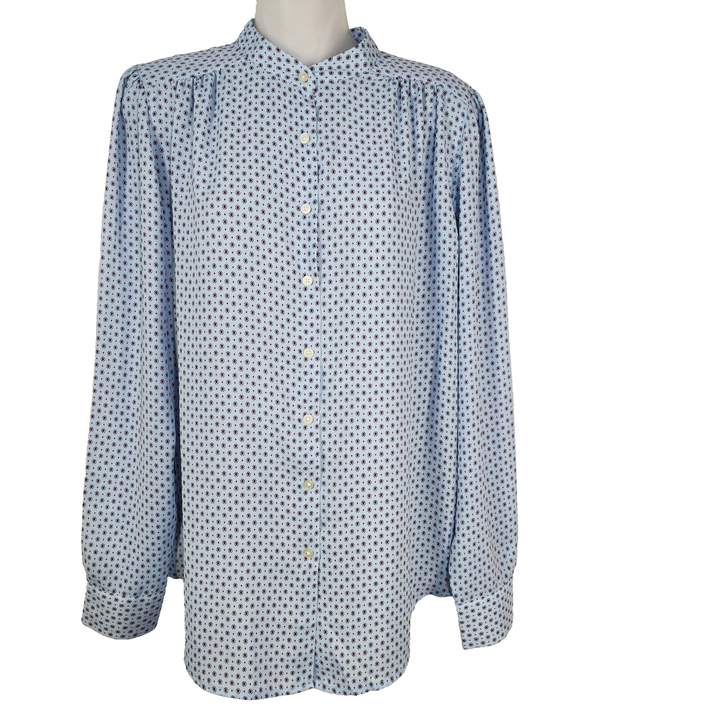 Ann Taylor LOFT Blouse Womens Small Blue Maroon Diamond Button Front Long Sleeve